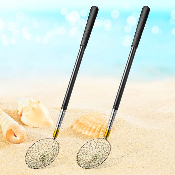 Lounsweer 2 Pcs Beach Sand Sifter Sand Scoop Shell Scooper for Beachcombing Picking up Shells Rock Hunting Extra Long 16.54'' — 58.27'' Adjustable Handle Multifunction Shell Sand Sifter