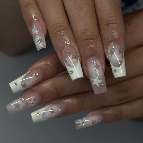 24Pcs French False Nails Medium Long, Square White Press on Nails with Elegant Pentagram Design, Ballerina Full Cover Fake Nails, Removable Acrylic Stick on Nails for Women Girls Nail Art Accessories