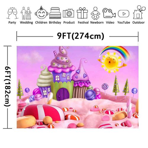 LUCKBTY Cartoon Candyland Sweets Backdrop for Photography 9x6ft Winter Ice-Cream House Lollipop Sun Rainbow Background Baby Shower Birthday Party Banner Props LUGY017