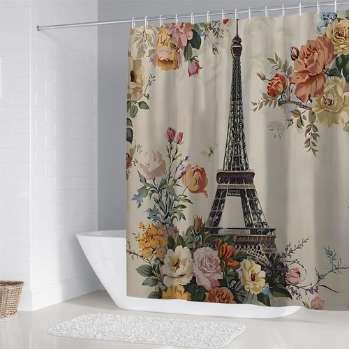 Chrainy 4Pcs Paris Eiffel Tower Shower Curtain Sets Bathroom Set Decor with Non-Slip Rugs Bath U-Shaped Mat Toilet Lid Cover Waterproof Colorful Floral Bathroom Curtains Shower Set with 12 Hooks
