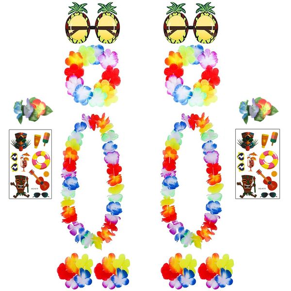 HBell 14pcs Hawaiian Leis Pineapple Sunglasses Set,Hawaiian Garland Fancy Dress Tropical Flower Necklace Headbands Wristbands for Hawaii Summer Beach Garden Party Decoration