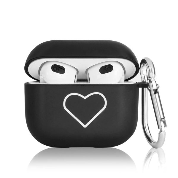 Newseego Compatible with Airpods 3 Case, [Fashion Cute Love Heart Design] Black Soft TPU Matte Cover with Silver Carabiner Shockproof Protective Headphones Case for Girls Women