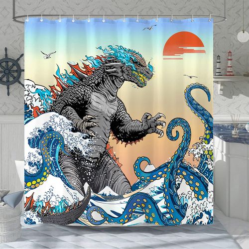 Fowocu Funny Dinosaur Octopus Shower Curtain Fun Cool Gray Blue Anime Monster Kraken Japanese Ocean Wave Shower Curtains for Bathroom Kids Nautical Waterproof Fabric Bath Curtain Decor 72 X 72 Inches