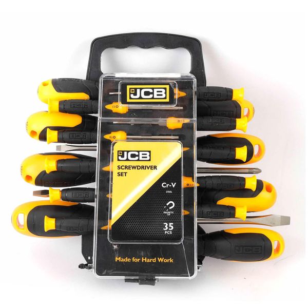 JCB 35pc Screwdriver Set Includes 7pc Screwdrivers, 10pc Precision Screwdriver, 17pc Screwdriver Bits and Magnetic Bit Holder Contained in Storage Frame