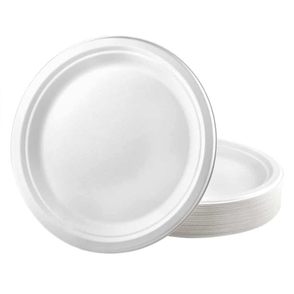 Zuvo Disposable Plates 50 Pack - 100% Compostable White Paper Plates 10 Inch - Biodegradable Plates for Party, BBQ, Picnic Made with Bagasse Paper