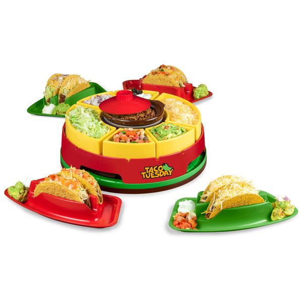 Nostalgia Taco Tuesday Heated Lazy Susan Taco Bar Serving Set for a Party with 4 Tortilla Holders, Fondue Pot for Burritos, Nachos, and Fajitas - 20 Oz. - Red