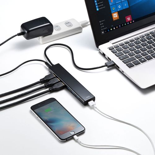 Sanwa Supply USB Hub, 7 Ports, Quick Charging Port (2.1A Output x 1), USB3.2Gen1, Black USB-3H703BKN