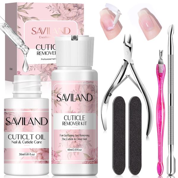 Saviland Cuticle Remover Kit: Nail Care Kit with Cuticle Remover Cream & Cuticle Oil Nail Tools Kit Cuticle Pusher Fork Trimmer for Cuticle Softener & Moisturize Manicure Kit for Nail Salon Home Use