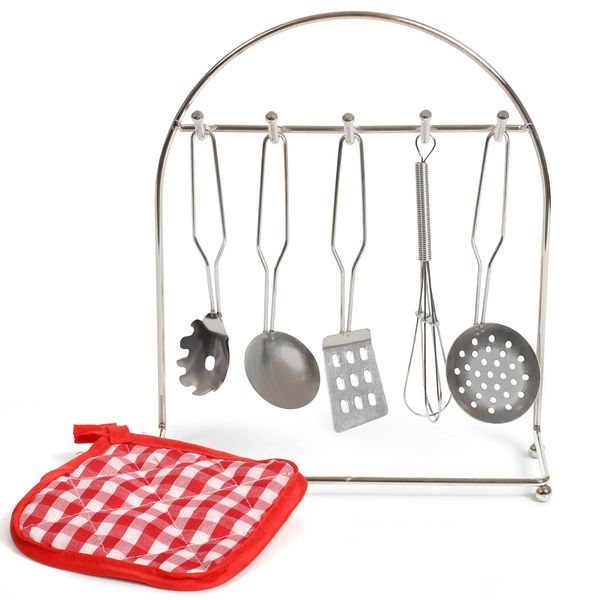 IQ Toys Pretend Play Cooking Utensils, 5 Piece Metal Cookware Set Includes Hanging Rack and Hot Pad Chef Set for Kids Kitchen