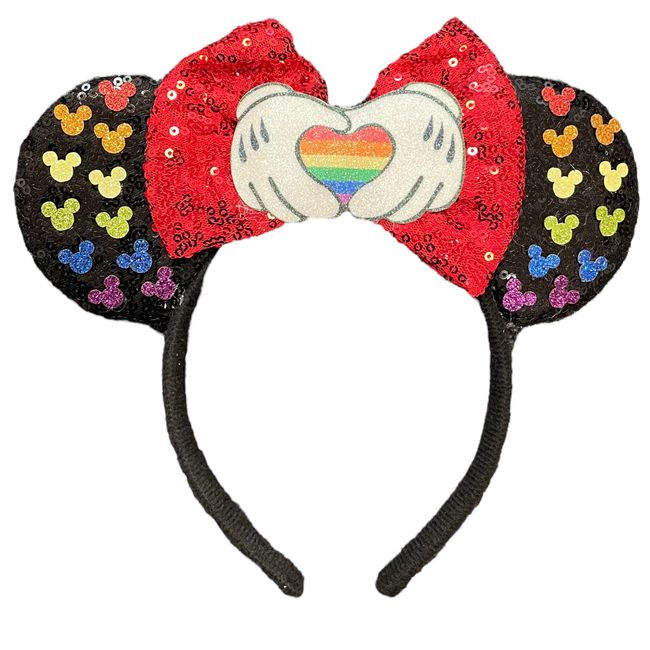 Minnie Mouse Ears Pride Rainbow Heart Hands Black Sequin Alice Headband With Big Red 5" Sequin Bow Fancy Dress Cosplay