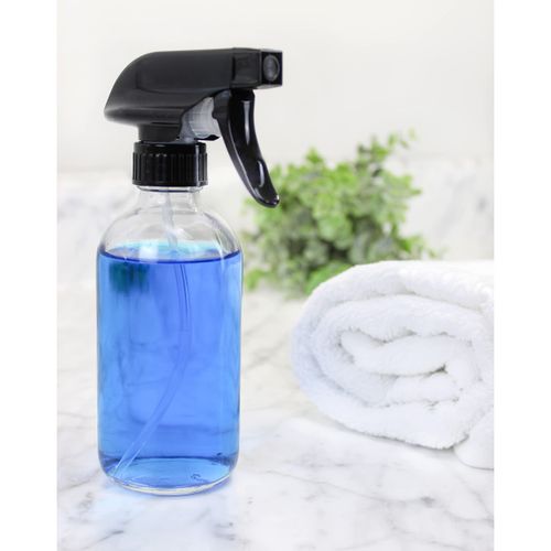 Cornucopia Brands 8-Ounce Clear Glass Spray Bottles (2-Pack); Boston Round Bottles w/ 3-Setting Adjustable Black Heavy Duty Sprayers & Chalk Labels