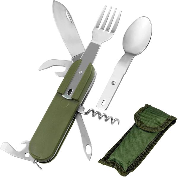 Stainless Steel Kitchen Utensil Set 7-in-1 Folding Tableware (Fork/Knife/Spoon/Bottle Opener) for Camping Backpack Picnic Cutlery Set Camp Knife Metal Working Tools and Equipment Utensil Tool Kit