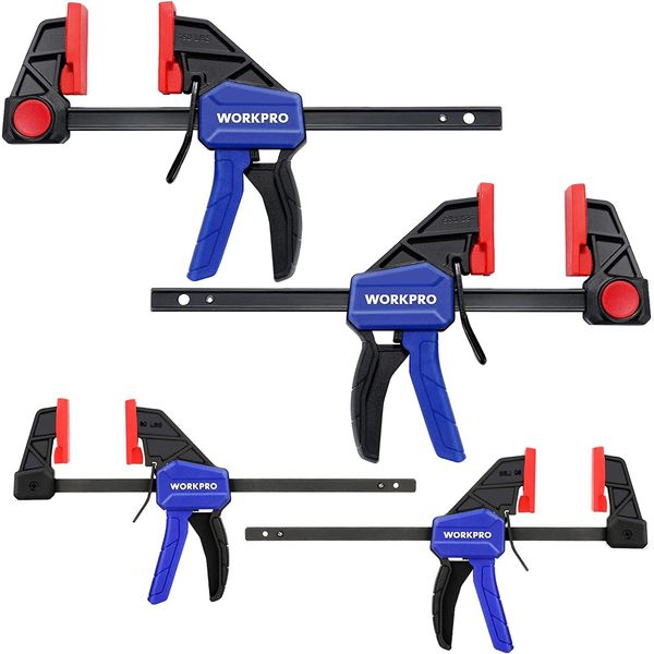 WORKPRO Clamp, F Clamp, Quick Bar Clamp, 4.7 inches (120 mm) & 5.9 inches (150 mm), Set of 4, Maximum Tightening Force: Approx. 50.7 lbs (23 kg) & 149.7 lbs (68 kg), 2 in 1 Set, Quick Release Lever,