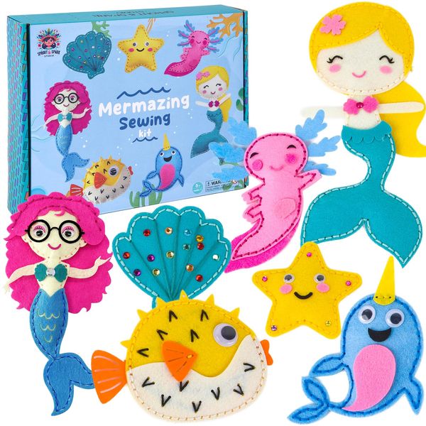 SPROUT & SPARK STUDIO Sewing Kit for Kids, DIY Set for Girls Ages 5+, Beginner,Arts and Crafts,Felt，7 Easy Projects of Stuffed Dolls, Play n Learn,Mermaid,Axolotl,