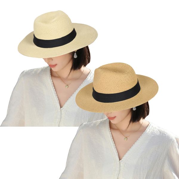 KXF 2 Pack Straw Sun Hat for Women Men Summer Beach Straw Sunhat Unisex Wide Brim Panama Sun Hat Adjustable Women Beach Travel Sun Cap 2 Pack