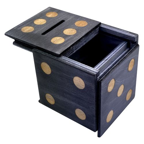 Puzzle Box Enigma Dice Cube - Money and Gift Holder in a Wooden Magic Trick Lock with Hidden Compartment Piggy Bank Brain Teaser Game (Black)