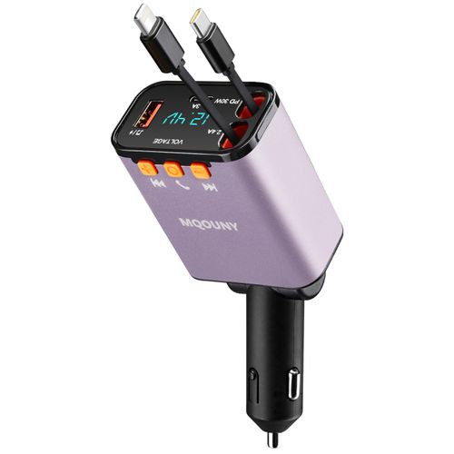 Retractable Car Charger,5 in 1 Fast Cars Phone Charger 60w,Bluetooth 5.3 FM Transmitter Adapter,Handsfree Call,MP3 Player,2 Retractable Cables and USB Chargers, for Phone,Galaxy,Pixel (Purple)