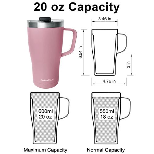 PATMOSEAL 600ml Insulated Travel Mug with Handle Straws & 2 Spillproof Lids, Vacuum Double Wall Stainless Steel Tumbler Cup 20oz for Hot & Cold (Pink)