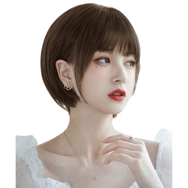 AISIHAIR Wig, Short Bob, Bangs, Straight Full Wig, Women's, Crossdressing, Natural, Heat Resistant, Everyday Use, Net / Comb Included, Chestnut Brown