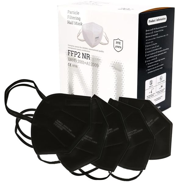 Nationwide Paper 20 Pcs FFP2 Face Masks UK, CE Certified 0598, 5 Layers protection, High BFE Ratio Of ≥94%, Disposable Respirator Mask Recommended by Healthcare Professionals (Black)