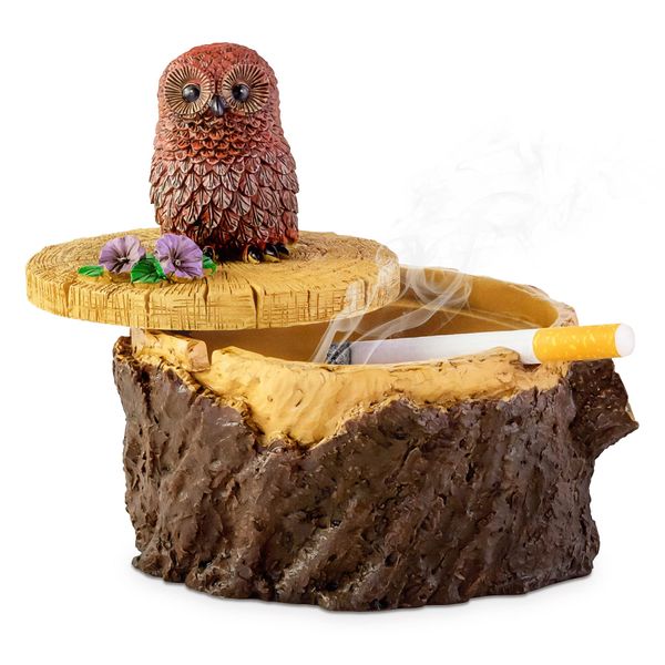 Grovind Outdoor Ashtrays for Cigarettes Cute Resin Owl Ashtray with Lid for Home and Garden