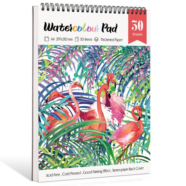 NAKIYO Watercolour Paper A4, 30 Sheets Watercolour Sketchbook Drawing Pad, 220GSM Acid Free Textured Paper, Art Supplies for Artist, Cold Pressed Art Pad for Teens Kids Student Adults-Flamingo