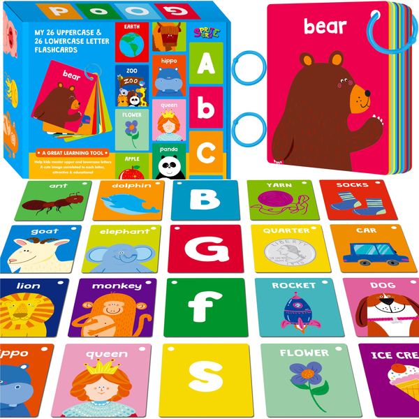 Alphabet Flash Cards, 52 Double Sided Cards Uppercase & Lowercase Letter Cards, Letters and Sight Words Learning Cards for Preschool and Toddlers Learning (2 Reclosable Rings Attached)