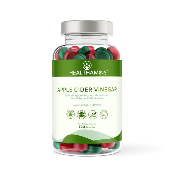 Healthamins Apple Cider Vinegar & Ginger | 120 Natural Apple Flavour Gummies | 2 Months Supply | Rich in Proteins, Enzymes & Gut-Friendly Bacteria | 2-a-Day | Vegan & Halal | Adults