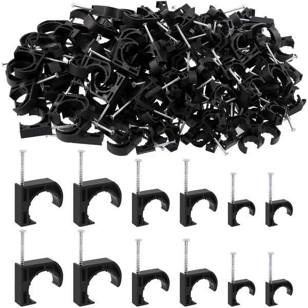 Mardatt 50Pcs 1" Half Clamp J-Hook with Nail, Single Nail Half Clamp, Black J Clamp, Half Clamp Fixture, J Hooks Clamps, Nail in Cable Clips Ethernet Cable Nails Tacks Clips for Tubing Pipe