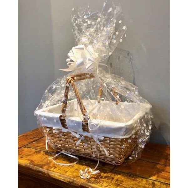 Shopping Basket Split Willow Wicker Hamper kit with Lining includes Cellophane & Bow Buff or White Picnic Storage Gift with Folding Handles (Buff)