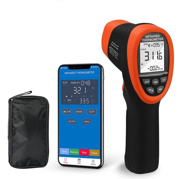 Connects to your phone via Bluetooth using a non-contact infrared thermometer (-50°C to 800°C), digital temperature measuring instrument, non-contact IR radiation temperature gun 0.1 - 1.0 adjustable