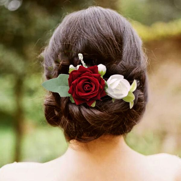 Fangsen Silver Wedding Red Rose Hair Comb Hair Accessories Women Floral Bridal Hair Accessory