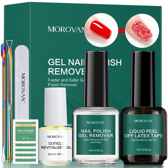 Morovan Nail Remover Gel Polish Remover Kit - Nail Polish Remover Set with Everything Latex Tape Peel Off Liquid with Cuticle Pusher Peeler Cuticle Oil Nail File Cleaner Fast Remove Soak-off UV Gel