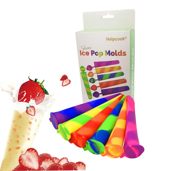 Helpcook Ice Pop Ice Lolly Moulds - Silicone Ice Pop Moulds, Flexible & Durable - Reusable & Dishwasher Safe - Easy Clean & No Mess,Multicolored ice Lollies with Attached Lids,Pack of 6