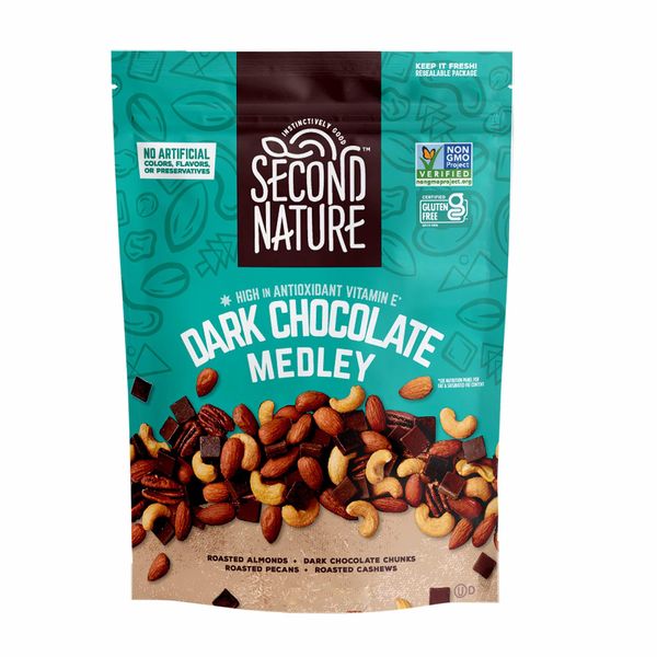 Second Nature Dark Chocolate Medley Trail Mix, 4.5 oz. Resealable Pouch (Pack of 12) – Certified Gluten-Free Snack Mix – Dark Chocolate and Nut Trail Mix Ideal for Quick Travel Snacks or Lunch Snacks