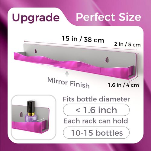 YMVV Wall-Mounted Nail Polish Organizer Rack - 15 Inch Pink Mirror Finish Nail Polish Shelf, Makeup & Beauty Essentials Storage - Multi-Purpose Display Holder for Small Space, Vanity Bathroom, 6 Pack