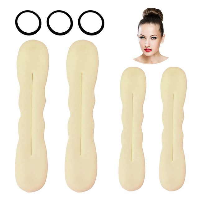 Jiakalamo 4 Stück Hair Bun Maker, Doughnut Hair Bun Maker Set mit 3 elastischen Haarbändern, Sponge Clips, Hair Styling Doughnut Buns Hair Twist Curlers, 2 große & 2 kleine(Beige)