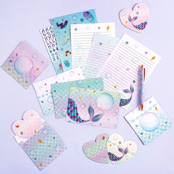 Mermaid Paper and Envelopes Set - 71PCS Magical Mermaid Stationery Paper for Kids Girls Christmas Birthday Gifts Stationery Letter Writing Set Envelopes Greeting Cards Stickers Ballpoint Pen Gift Box