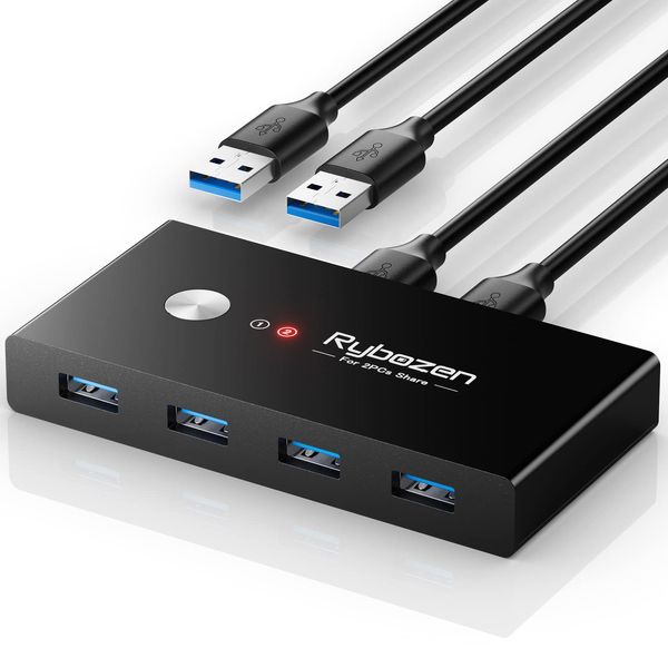 USB 3.0 Switch, Rybozen USB KVM Switch for 2 Computer Sharing 4 USB Devices, 2 in 4 out USB Switcher for Mouse Keyboard Scanner Printer, USB Sharing Switch with 2 Pcs USB 3.0 Cable