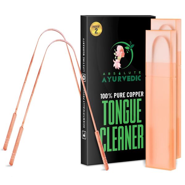 Absolute Ayurvedic Pack of 2 Copper Metal Tongue Scraper Cleaner | Dentist Recommended For Dental Health and Fresh Breath | Oral Hygiene Kit For Adults and Kids