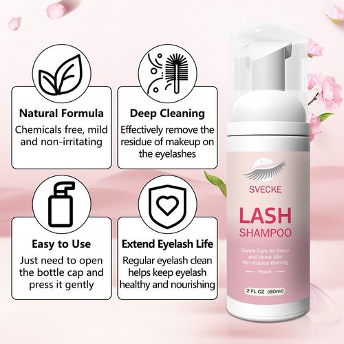 SVECKE Lash Shampoo Kit for Eyelash Extension, Eyelash Shampoo 2 fl.oz / 60ml, Eyelash Extension Cleanser, Lash Eyelid Foam Cleaning Kit for Salon Use and Home Use (Peach)