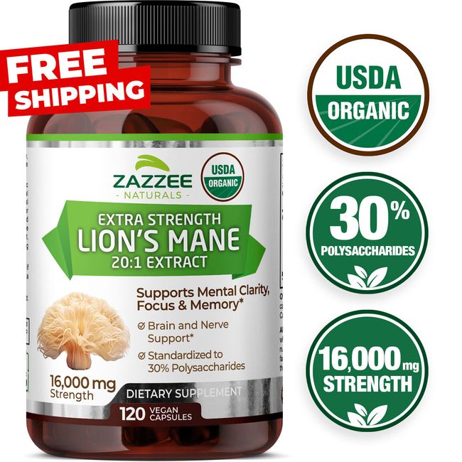 USDA Organic Lion's Mane 20:1 Extract, 16,000 mg Strength, 120 Vegan Capsules