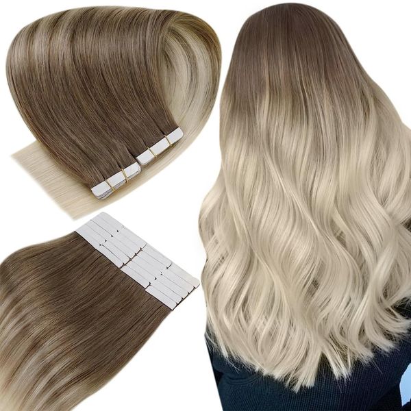 Easyouth Tape Extension Echthaar Balayage Tape Extensions Echthaar 22 Zoll 50g Farbe Aschbraun Mix Platinblond Double Sides Tape in Extension Echthaar #8/60