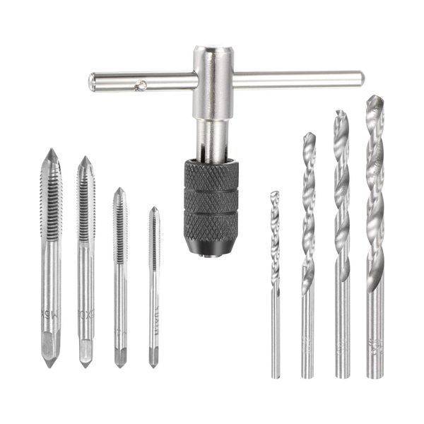 sourcing map Adjustable T-Handle Tap Wrench Set, M3 M4 M5 M6 Hand Thread Taps & 2.5mm 3.5mm 4.2mm 5.2mm Twist Drill Bits, High Speed Steel Threading Tool for Metal Aluminum Plastic Wood, 9pcs