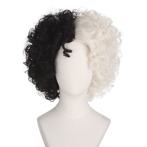 FYXZHUO Short Curly Black and White Cruella deVil Cosplay Wig Women Heat Resistant Role Play Hair Wig for Halloween