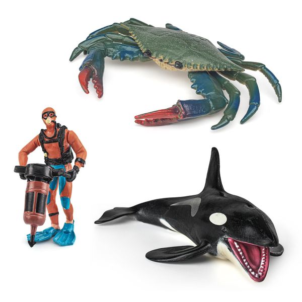 Ocean Sea Marine Animal Figure Toys Playsets 3 PCS Diver Killer Whale Crab Model Toy Desktop Decoration Collection Party Favors Toys for Boys Girls Kids