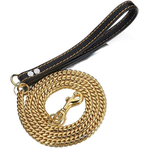 Aiyidi Strong Dog Chain Gold Leash Long 3FT 4FT 5FT 18K Gold Plated Stainless Steel 12mm Curb Cuban Link Dog Leash with Comfortable Genuine Leather Handle(Gold, 5FT)