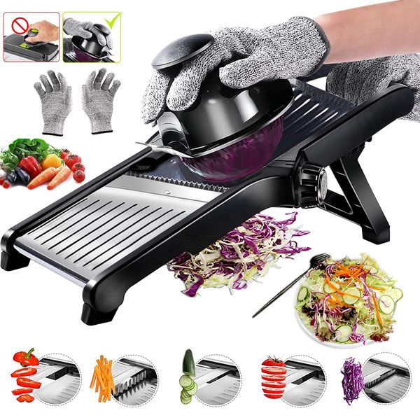 Mandoline Slicer for Kitchen, Adjustable Stainless Steel Food Vegetable Potato Onion Slicer French Fry Cutter, Slicer Julienne with Cut-Resistant Gloves