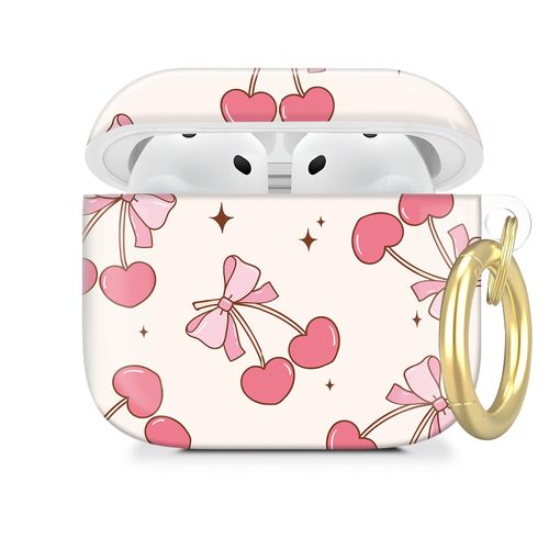Cute Hard Case Compatible with AirPod 4 Case Cover,Cute with Golden Keychain, Soft TPU Protective Shockproof Case for Girls Women (Pink Bow Cherry)