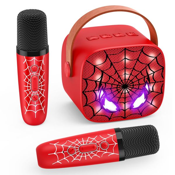 Spider Mini Karaoke Machine Toys: Kids Toys Christmas Birthday Gifts Age 3-12+ LED Portable Bluetooth Speaker with 2 Wireless Microphone Gift Toy for 4 5 6 7 8 9 Years Old Girl Boy Kid Adult